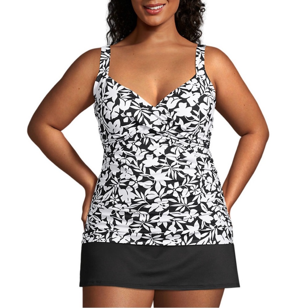 Lands' End Black and White Floral Swim Dress